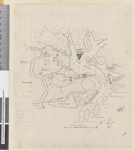 ページ37b 1780年3月11日、チャールズタウンと国王軍の地図（鉛筆、ペン、インク） 作： William Hodges